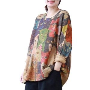 YESNO Cat Kitten Oversized Sweatshirt Womens Size M Pullover Long Sleeve